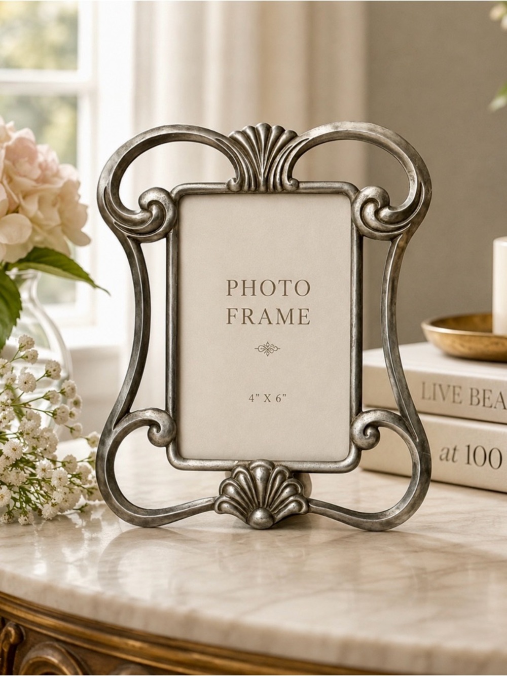 Vintage Fetco International Pewter Cast Metal Scroll Shell Picture Frame 4.5x6.5